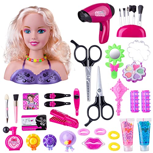 Bankeep Frisier- und Make-up-Kopf für Kinder, Pretend Playset, 34-teiliges Styling-Set für Kopf, Puppe, Frisur, Spielzeug mit Haartrockner für kleine Mädchen von Bankeep