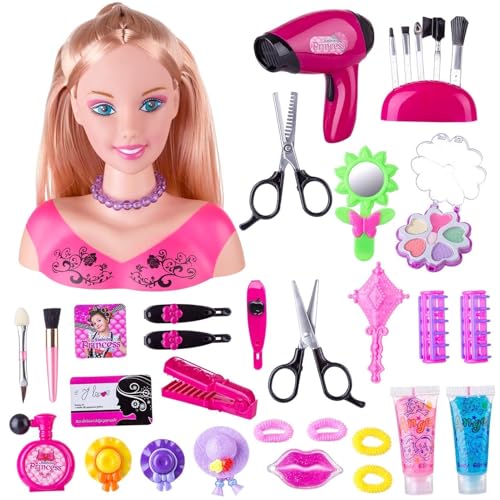 Bankeep Frisier- und Make-up-Kopf für Kinder, Pretend Playset, 34-teiliges Styling-Set für Kopf, Puppe, Frisur, Spielzeug mit Haartrockner für kleine Mädchen von Bankeep