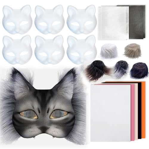 1Set Therian Mask Kit mit Wollstreifennetzstuch halbe Gesichts-Katze Maske Lustiges Kleid zur DIY-Farbe Therian Maske für Halloween Make-up-Rollenspiel-Cosplay-Party, Therian Mask Kit, Therian Mask von Banziaju