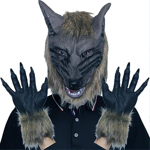 2pcs Halloween Wolf Maske und Wolfshandschuhe, Wolfkopfmaske Halloween Scary Full Face Werwolf Maske mit Handschuhen für Halloween und Cosplay -Kostümparty -Horror -Nächte Schwarz, Wolf Head Maske von Banziaju