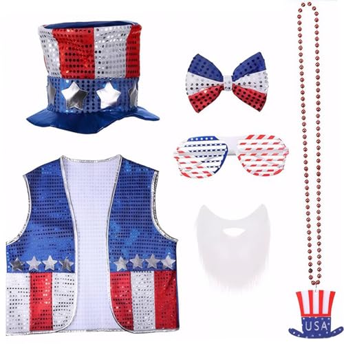 American Flag -Outfit 4. Juli Outfits 6PCS/Set Patriotic Independence Day Thema Amerikanisches Flaggenoutfit 4. Juli Accessoires mit Hut, Weste, Sonnenbrille, Halsketten, Fliegen, Bart Bart von Banziaju