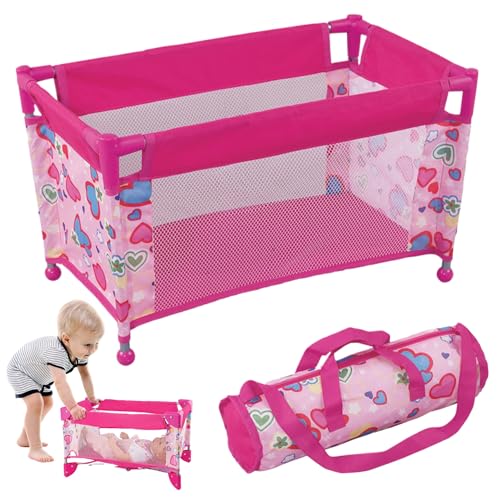 Babypuppenbett, Babypuppenkrippe für 18 'Puppen, faltbares Babypuppenbett, herzgestaltetes Babypuppen -Playpen, Babypuppenpack und Spiel mit Carry Bag für Kinder mit 3+ Geschenken, Babypuppen -Play von Banziaju