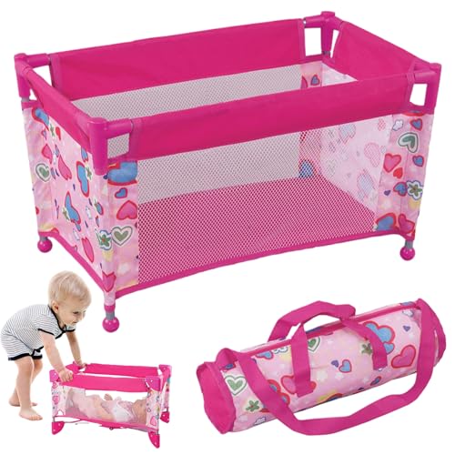 Babypuppenkrippe, Babypuppenkrippe für 18 'Puppen, faltbares Babypuppenbett, herzgestaltetes Babypuppen -Playpen, Babypuppenpack und Spiel mit Carry -Tasche für Kinder mit 3+ Geschenken, Babypuppen von Banziaju