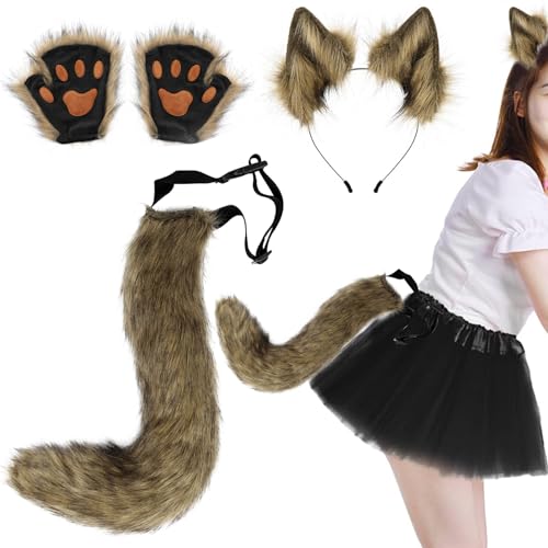 Banziaju 3 Pack Fuchs Ohren und Schwanzfuchs gelbe Ohren und Schwanztherianische Pfoten, Kunstfell Therian Ausrüstung, flauschige lustige Fuchskostüm erwachsene Frauen für Party, Fuchs Ohren von Banziaju