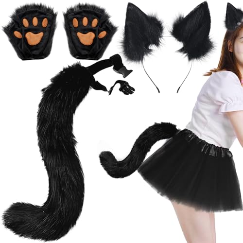 Banziaju 3 Pack Fuchs Ohren und Schwanzfuchs schwarze Ohren und Schwanztherianische Pfoten, Kunstfell Therian Ausrüstung, flauschige lustige Fuchskostüm erwachsene Frauen für Party, Fuchs Ohren von Banziaju