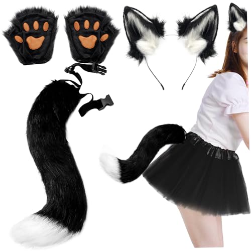 Banziaju 3 Stück Wolf Fuchs Ohren und Schwanz Set,Weiß Schwarz Fuchs Ohren und Schwanz Therian Paws, Kunstfell Therian Gear, Fuchs Kostüm für Jungen & Mädchen, Frauen & Männer Fuchs Maske und Schwanz von Banziaju