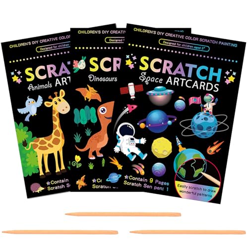 Banziaju 3Set Scratch Paper Art Set für Kinder zeichnen Schwarze magische Regenbogenkratzkunst mit Dinosaurier Space Tier lustige DIY -Kratzerkunst für Kinder, Scratch Paper Art Set für Kinder von Banziaju