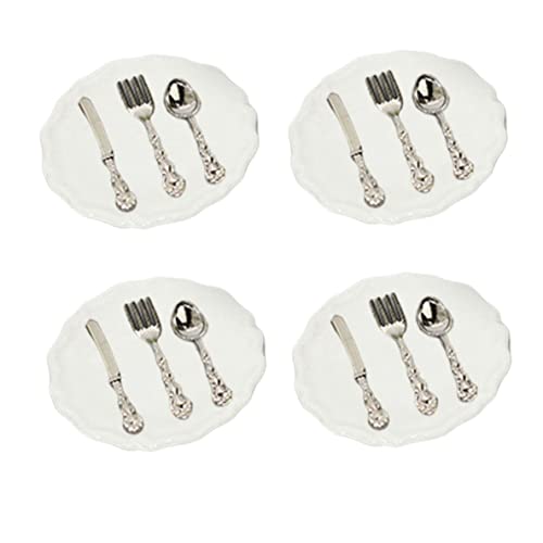 Banziaju Doll House Fork Spoons Miniatur -Tabelle Mini -Teller Gabeln Löffel Butlery Set Dollhouse Kitchen Zubehör 4sets von Banziaju