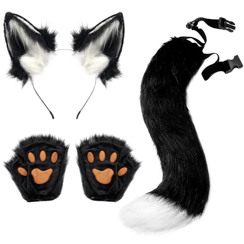 Banziaju Fox Tail Fox Ohren und Schwanz Therian Pfoten, 3 Pack Faux Fur Therian Ausrüstung, Flauschige lustige Fuchskostüm Erwachsene Frauen für Rollenspielparty, Weiß Schwarz von Banziaju