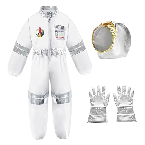 Banziaju Halloween -Kostüme für Kinder Halloween Kostüme weiße Polyester -Raumkostüm mit Handschuhen und Helm -Space -Jumpsuit mit Gummibändern und 6 Flaggenaufkleber Halloween -Kostüme für Kinder, m von Banziaju