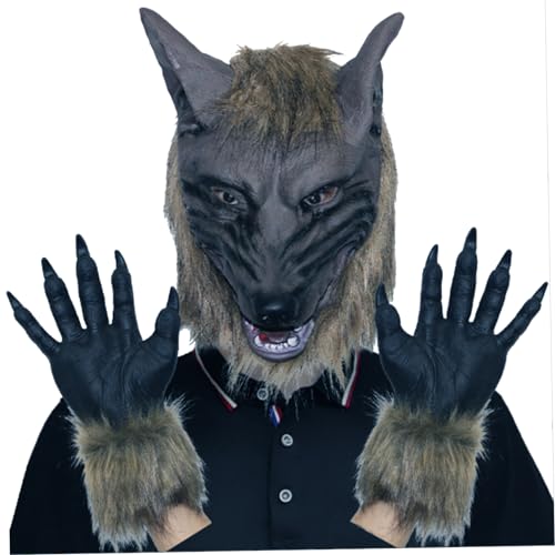 Banziaju Halloween Wolf Maske Wolf Head Maske Halloween Scary Full Face Werwolf Maske mit Handschuhen für Halloween und Cosplay -Kostümparty -Horror -Nächte, Cosplay Full Face Mask Black 1PC von Banziaju