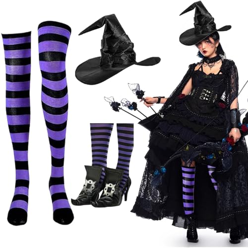 Banziaju Hexenkostüminnen Frauen 1 Set Halloween Hexenkostüm -Set enthält schwarze Hexenschuhe, Hexenhut und gestreifte Knie -High Socken, gruseliges Kostümzubehör für Halloween, Hexenschuhe von Banziaju