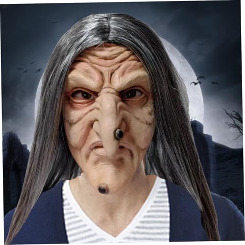 Banziaju Hexenmaske Halloween Hexenmaske, böse faltige alte Lady Maske mit langer Haare und Hexennase, gruselige Latexmaske mit Belüftungslöchern für Erwachsene Cosplay, Halloween Mask One Size von Banziaju