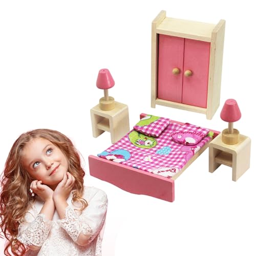 Banziaju Holzpuppenhausmöbel Set, 1:12 Scale Wood Dollhouse Möbelset umfassen großes Bett, 2 Set -Nachttisch mit Lampe und Kleiderschrank, Mini -Puppenhausmöbel für Kinder von Banziaju