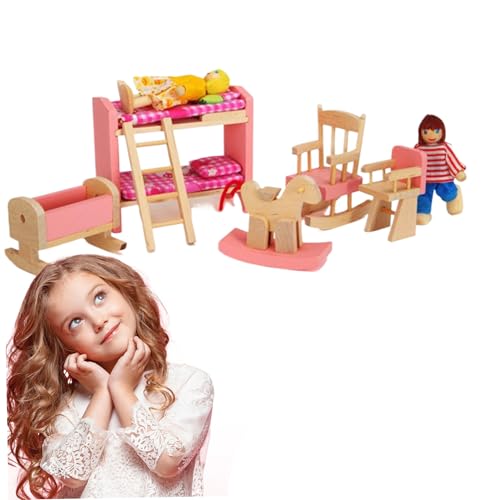 Banziaju Holzpuppenhausmöbelset, 1:12 Skala Holzpuppenhausmöbelset umfassen Etagenbett mit Leiter, Schaukelstuhl und mehr, Mini -Puppenhausmöbel für Kinder von Banziaju