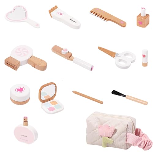 Banziaju Holzspielzeugset, Make -up -Kit vor, tun Sie Make -up -Sets für Mädchen mit Bügeleisen, Haartrockner, Kamm, Spiegel, Wimpern von Banziaju