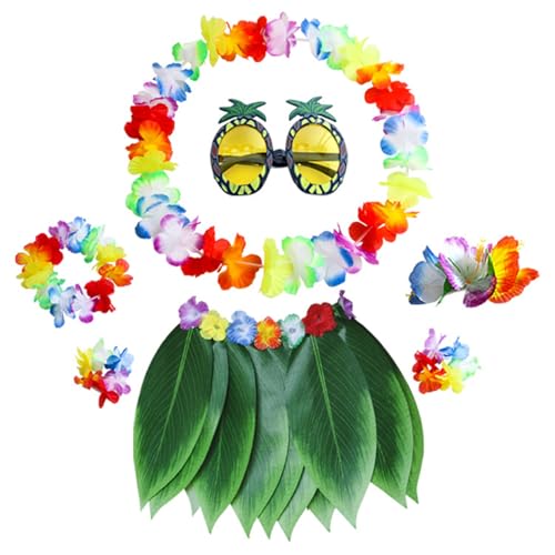 Banziaju Hula -Blattrock mit Blumenleis, 7pcs/set hawaiianischer Grasrock mit Ananas -Sonnenbrille, Haarclip, Halskette, Haarband und Armband, Hawaiian Outfit für Sommerparty, hawaiianisches Kostüm von Banziaju