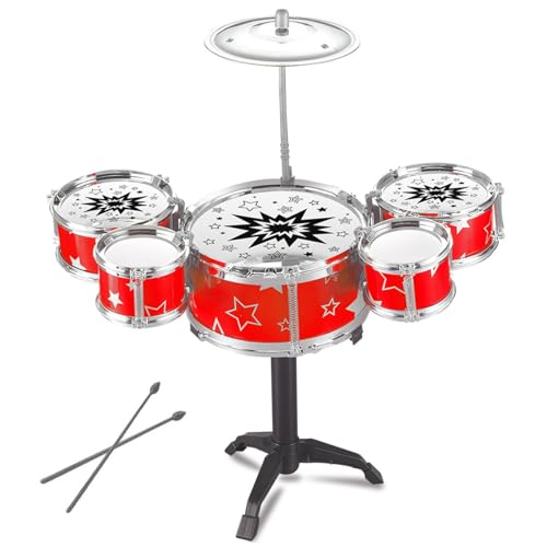 Banziaju Kinder Drum Set, Rote Kinder Drum Set Mit 5 Drums,1 Becken Clear Sound Mini Drum Set Frühe Bildung Kleinkind Drum Set Kunststoff Mit Dreieck Basis Anfänger Drum Set,Kleinkind Drum Set von Banziaju