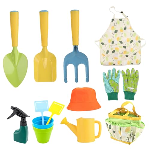 Banziaju Kleinkind Gartenset, 11PCS Kids Gartenset, einschließlich Schaufel, Rechen, Wassertopf, Handschuhe, Schürze, Hut, Blumenpot -Tasche, Kindergartenwerkzeuge für Jungen Mädchen von Banziaju