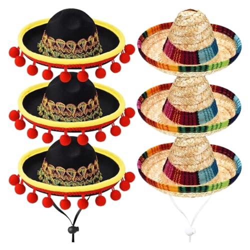 Banziaju Mini -Sombrero -Hüte, 6 PCs kleine Sombrero -Partyhüte mit verstellbarem Kinngurt, Sombrero -Hüte, mexikanischer Sombrero für Partybevorzugungen, Kinngurt, Mariachi -Hut von Banziaju