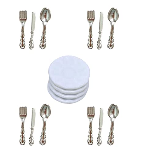 Banziaju Miniatur -Besteck, Miniaturplatten Set Dollhouse Mini Porzellanplatte mit Slicer -Gabeln Löffel Puppenhauszubehör, Silber, Miniatur -Tabelle Geschirr von Banziaju