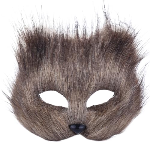 Banziaju Pelzige Therianische Maske, Fuchsmaske, Wolfsmaske, Kunstpelz-Tiermasken für Erwachsene & Kinder, Halbgesichts-Katzenmaske Cosplay-Kostüm für Halloween, Ostern, Maskerade (Grau) von Banziaju