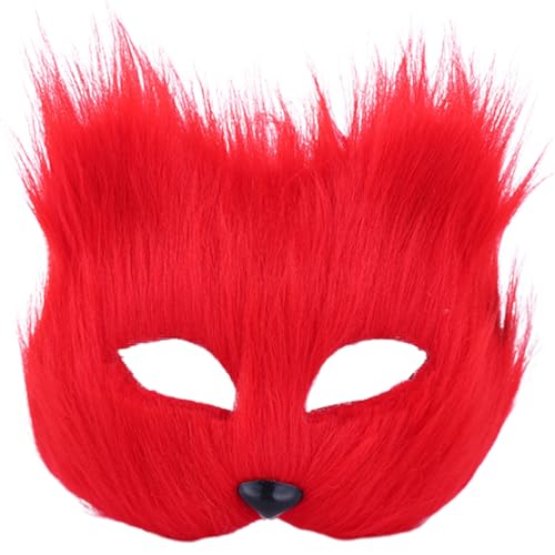 Banziaju Pelzige Therianische Maske, Fuchsmaske, Wolfsmaske, Kunstpelz-Tiermasken für Erwachsene & Kinder, Halbgesichts-Katzenmaske Cosplay-Kostüm für Halloween, Ostern, Maskerade (Rot) von Banziaju