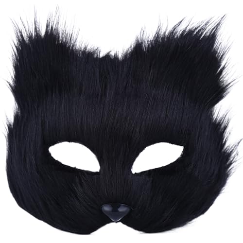 Banziaju Pelzige Therianische Maske, Fuchsmaske, Wolfsmaske, Kunstpelz-Tiermasken für Erwachsene & Kinder, Halbgesichts-Katzenmaske Cosplay-Kostüm für Halloween, Ostern, Maskerade (Schwarz) von Banziaju