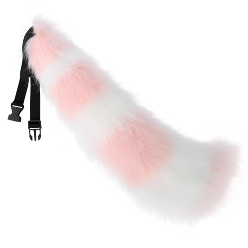 Banziaju Pelzkostüm Therian Tail, Fuchsschwanz mit verstellbarer Taille, flauschiger Katzenschwanzkostümzubehör, Kunstpelzkatze Schwanz für Kinder Cosplay, Tierschwanz 26 (Pink-Weiß) von Banziaju