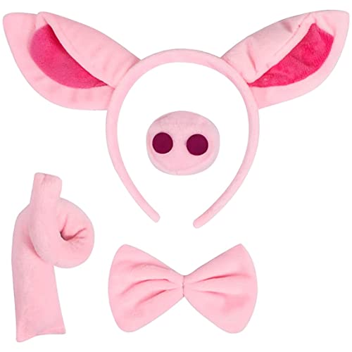 Banziaju Schweineohren Kostüm Schweine Kostüm Set 4pcs Schweine Ohren Stirnband, Nase, Fliege und Schwanz -Set Halloween Kostüm für Partydekoration, Meerschweinchenkostüm von Banziaju