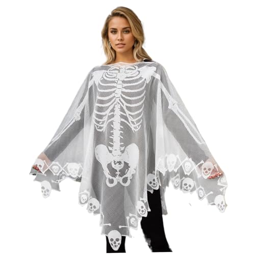 Banziaju Skelett Cape, Halloween Skelett Kostüm Spitzen Skelett Poncho für Frauen Skelett Cape White Skelett Kostüm Poncho Halloween Kostüm, Skelettkostüm 57x57 von Banziaju