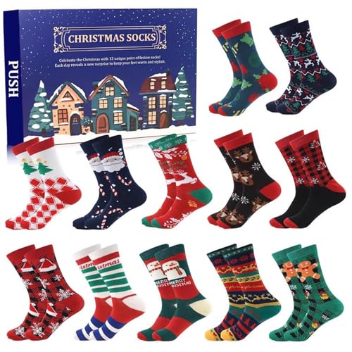 Banziaju Socken-Adventskalender, Weihnachts-Adventskalender 2024 12 Tage Socken-Adventskalender mit 12 Paar Spaß und Bunte Weihnachten-Thema Socken für Weihnachten Urlaub, blau, Adventskalender von Banziaju