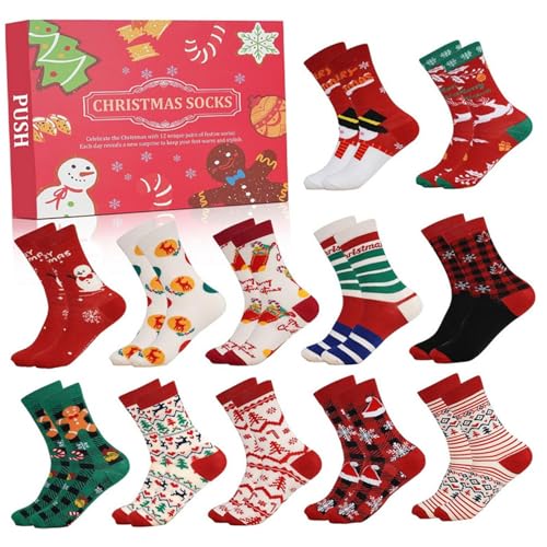 Banziaju Socken-Adventskalender, Weihnachts-Adventskalender 2024 12 Tage Socken-Adventskalender mit 12 Paar Spaß und Bunte Weihnachten-Thema Socken für Weihnachten Urlaub, rot, Adventskalender von Banziaju