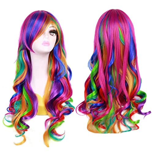 Banziaju Stilvolle Lange wellige Regenbogen Perücke Curly Kostüm Bunte Perücke für Frauen und Mädchen Anime Kostüm Halloween Cosplay Halloween Dekoration von Banziaju