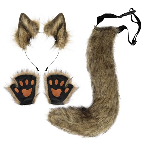 Banziaju Therian Maske und Heckset, 3pcs Fuchsohren und Schwanztherianische Pfoten, flauschige Fuchskostüm -Fell -Therian -Ausrüstung für Cosplay, Halloween Masquerade, Gelb von Banziaju