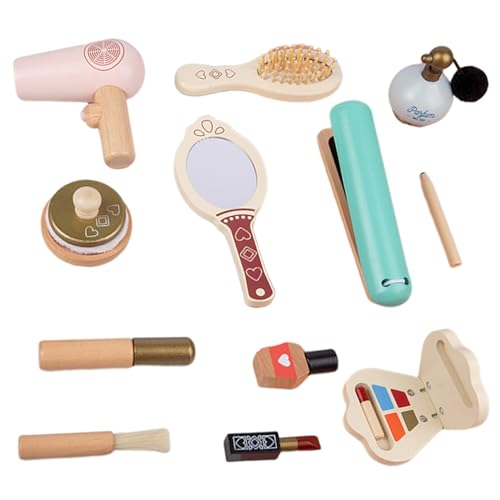 Holz -Make -up -Spielzeugset, Make -up -Kit vor, tun Sie Make -up -Sets für Mädchen mit Bügeleisen, Haartrockner, Kamm, Spiegel, Wimperntusche und mehr, pädagogisches Kleinkind -Make -up -Kit, Styl von Banziaju