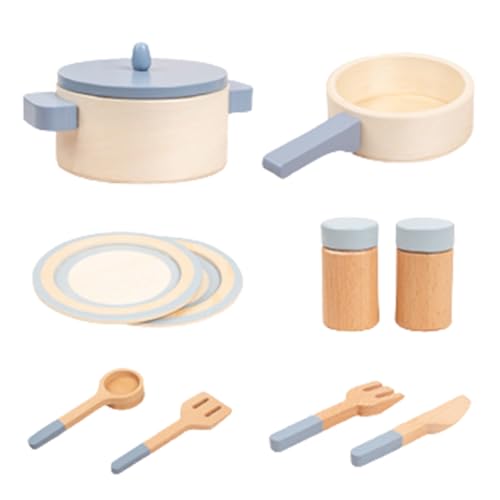 Holzspielküche Holzküchenspielzeug für 3+ Kinder 10pcs/Set Safe Holzspielküche enthalten Pot and Pan Set Early Earlyational Interactive Play Kitchen Accessoires Blau von Banziaju