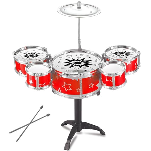 Kids Drum Set, Red Kids Drum Set mit 5 Drums und 1 Cymbal Clear Sound Mini Drum Set Early Education Kleinkind -Drum Set Plastik mit dreieckiger Basisanfänger -Drum Set von Banziaju