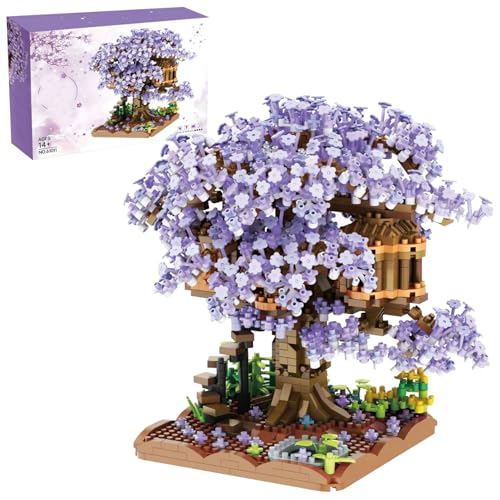 Kirsch Bonsai Baum Kirschblütenbaum Haus Plastik Kirsch Bonsai Tree Assemataler Blumenbaum DIY Mini -Bausteine ​​Sets für Erwachsene, 14 Teenager (ohne Licht) lila von Banziaju