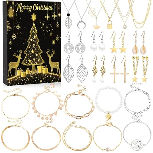 Schmuck Adventskalender, Schmuck Adventskalender 2024 für Frauen & Mädchen 24 -Tage -Adventskalender für 24 -Tage -Juwelen -Adventskalender umfassen Ohrhörer, Halsketten und mehr Weihnachts -Countd von Banziaju