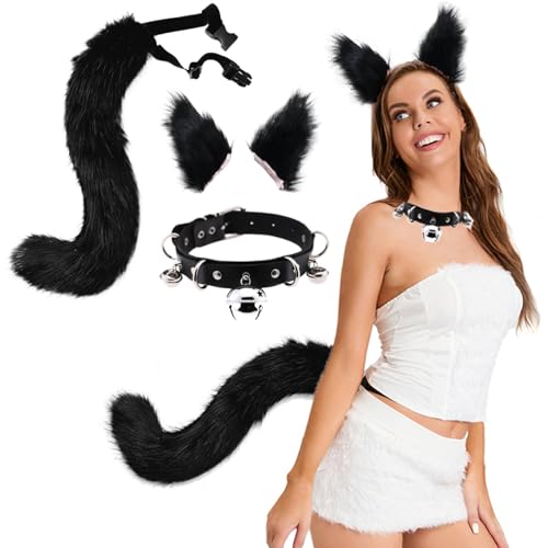 Wolf Ohren und Schwanzschwarz -Fuchs -Ohren und Schwanzset, Fuchsohren, weiche flauschige Fuchsohren, verstellbarer Fuchsschwanz, realistisches pelziges Kostüm für Halloween -Cosplay -Party Masquer von Banziaju