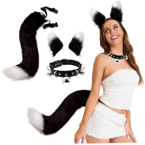 Wolf Ohren und Schwanzschwarz -Weiß -Fuchs -Ohren und Schwanzset, Fuchsohren, weiche fluzzige Fuchsohren, verstellbarer Fuchsschwanz, realistisches pelziges Kostüm für Halloween -Cosplay -Party Mas von Banziaju