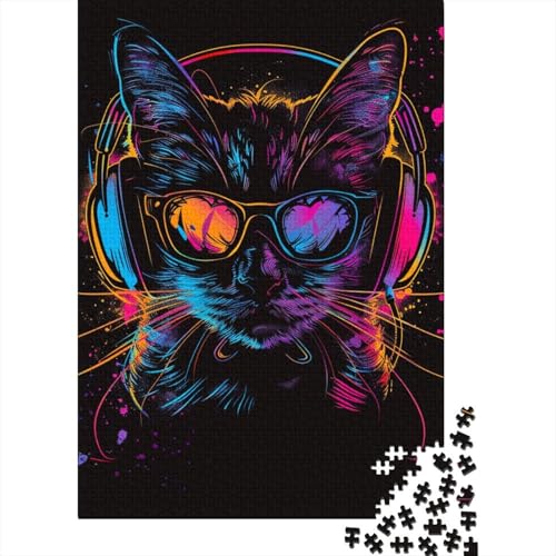 1000-teiliges Puzzle „Katze mit Kopfhörern und Sonnenbrille“ für Erwachsene, Holzpuzzle für Erwachsene und Teenager, Lernpuzzle 1000 Teile (75 x 50 cm) von BaoFFF