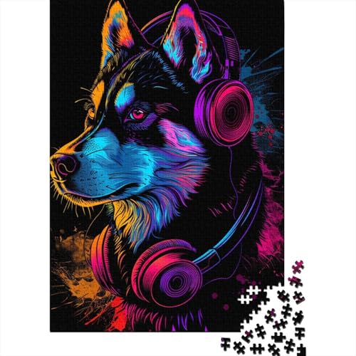 1000-teiliges Puzzle „Sibirier Husky mit Kopfhörern“ für Erwachsene, Holzpuzzle, Puzzles für Erwachsene, Lernspiel, Herausforderungsspielzeug, 1000 Stück (75 x 50 cm) von BaoFFF