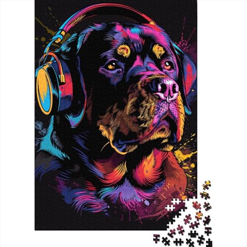 1000-teiliges Rottweiler-DJ-Neon-Puzzle für Erwachsene Teenager, Holzpuzzle für Familienspaß und Spieleabend, 1000 Teile (75 x 50 cm) von BaoFFF