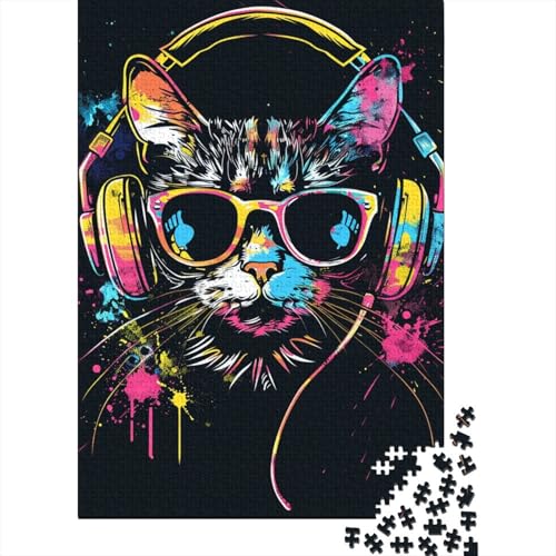 500-teiliges Puzzle „Katze mit Kopfhörern und Sonnenbrille“ für Erwachsene und Teenager, Lernspiele für zu Hause, DIY-Spielzeug, 500 Stück (52 x 38 cm) von BaoFFF