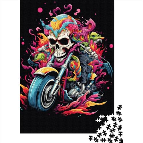 500-teiliges buntes Totenkopf-Motorrad-Puzzle für Erwachsene Teenager, Holzpuzzle, nachhaltiges Puzzle für Erwachsene | Spiele 500 Stück (52 x 38 cm) von BaoFFF