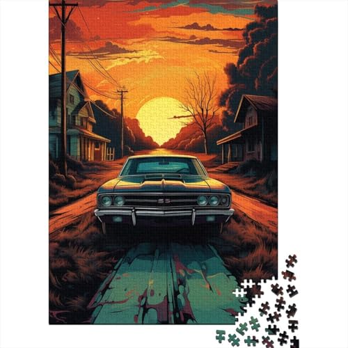 Auto auf der Straße bei Sonnenuntergang, Holzpuzzle, 300 Teile, Puzzle für Erwachsene, Lernspiel, Herausforderungsspielzeug, Heiligabend-Geschenke, 300 Teile (40 x 28 cm) von BaoFFF