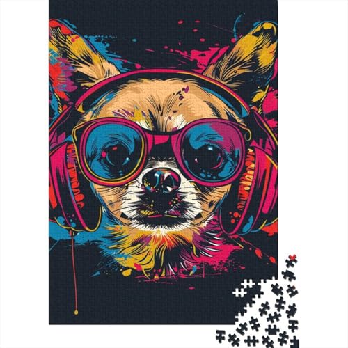 Chihuahua DJ Neon, 1000-teiliges Holzpuzzle für Erwachsene, Puzzle, Lernspiel, Herausforderungsspielzeug, 1000-teilig (75 x 50 cm) von BaoFFF