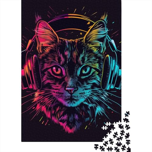 Puzzle für Erwachsene, Katze mit Kopfhörern und Sonnenbrille, Holzpuzzle für Teenager, Geschenke, Heimdekoration, Puzzlespielzeug, 300 Teile (40 x 28 cm) von BaoFFF